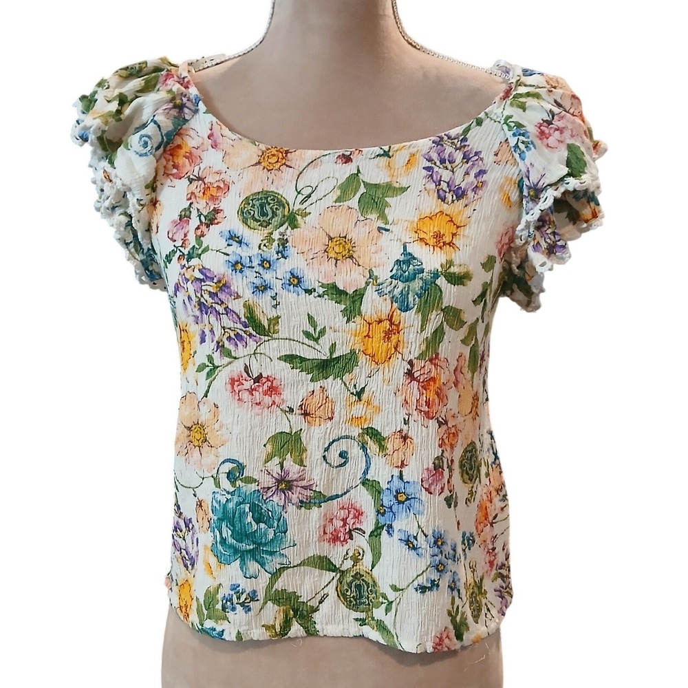 Rachel Zoe M Floral Ruffle Sleeve Blouse White Multi Color Top Womens Cropped